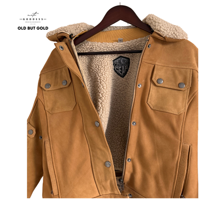 SPIRIT MOTORS Brave Ebony Jacke für Frauen, Größe M, beige mit Fellkragen, viele Taschen NEU