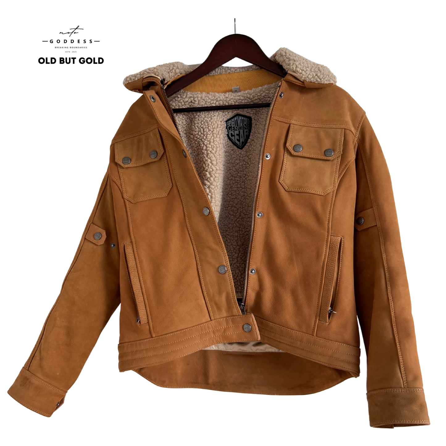 SPIRIT MOTORS Brave Ebony Jacke für Frauen, Größe M, beige mit Fellkragen, viele Taschen NEU